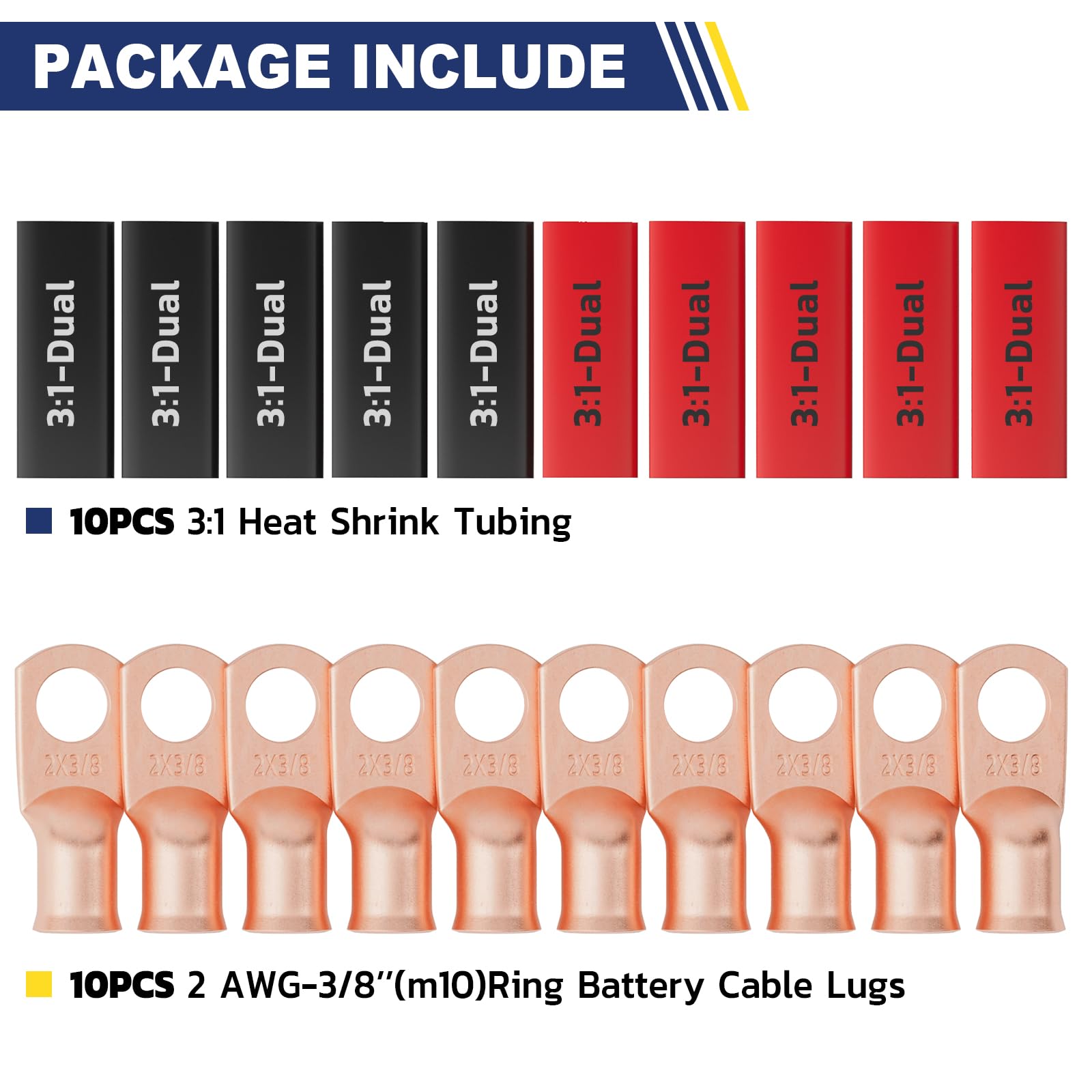 haisstronica 10pcs 2 AWG - 3/8" (M10) Battery Cable Lugs, Heavy Duty Copper Wire Lugs with 10pcs 3:1 Adhesive Heat Shrink Tubing, 2 Gauge Wire Connectors Battery Terminal Connector, Battery Cable Ends