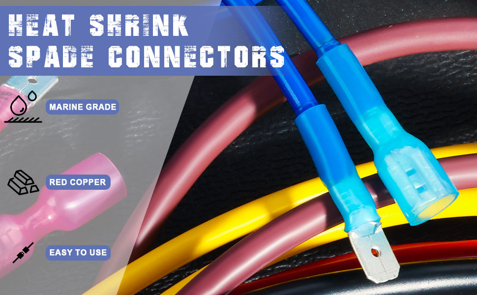 Close-up of blue marine grade heat shrink for wires on red and yellow cables, labeled red copper and easy to use icons