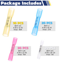 Heat shrink wire connectors set, yellow BHT-5.5, blue BHT-2, pink BHT-1.25, white BHT-0.5, AWG 12-10 to 26-24.