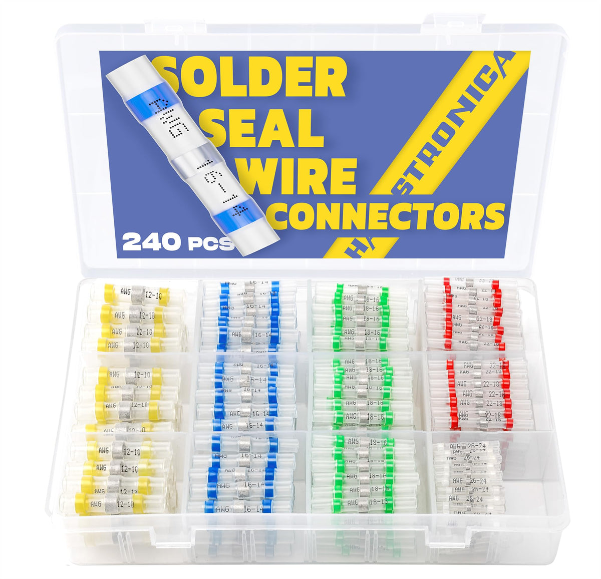 haisstronica 240PCS Solder Seal Wire Connectors Kit,26-10 Gauge Marine Grade Heat Shrink Wire Connectors,Waterproof Butt Connectors,Butt Splice Eletrical Wire Connectors Kit(5Colors/5Sizes)