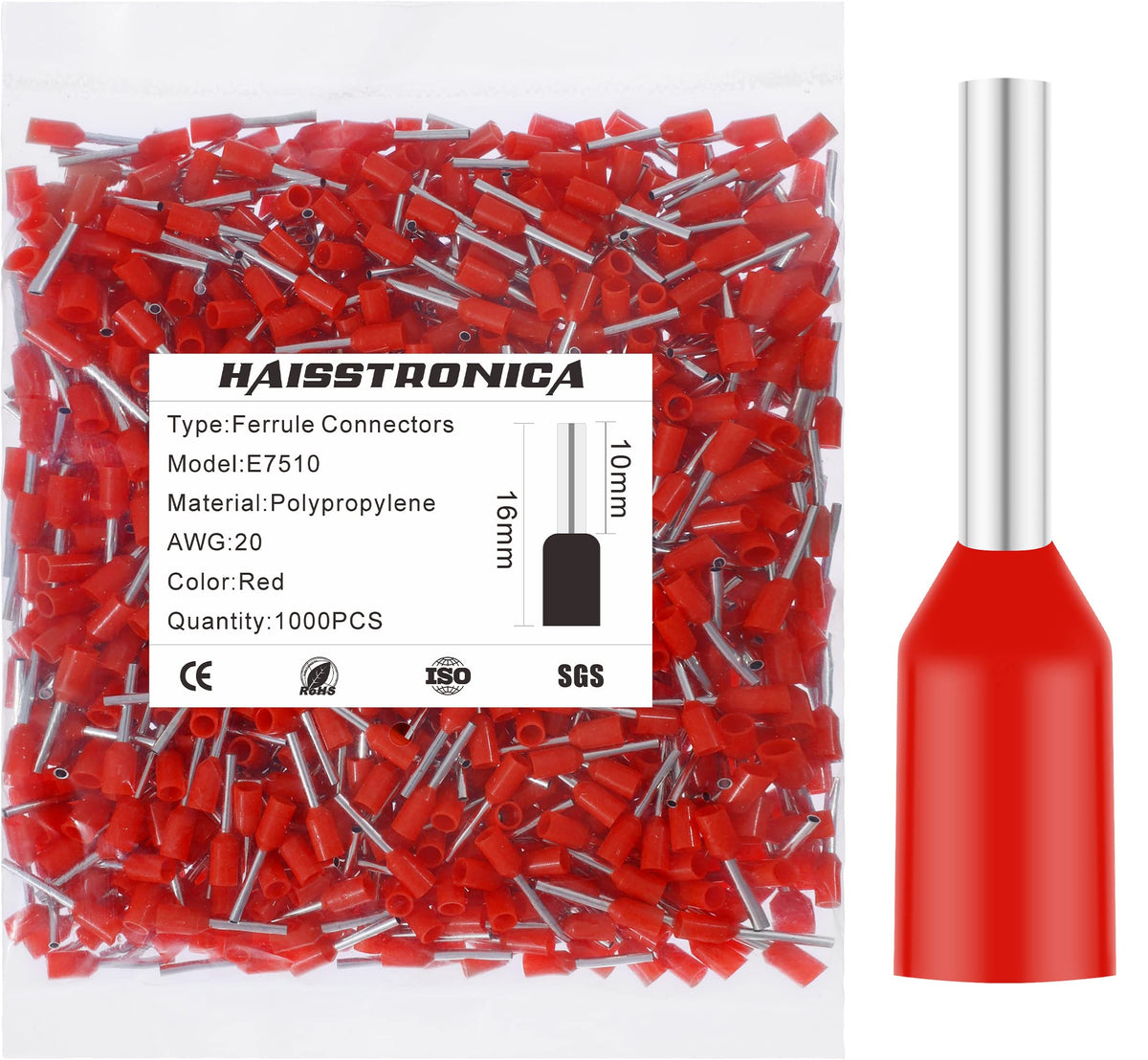 Connecteurs Haisstronica, 1 000 embouts de fil rouges AWG20, à sertir