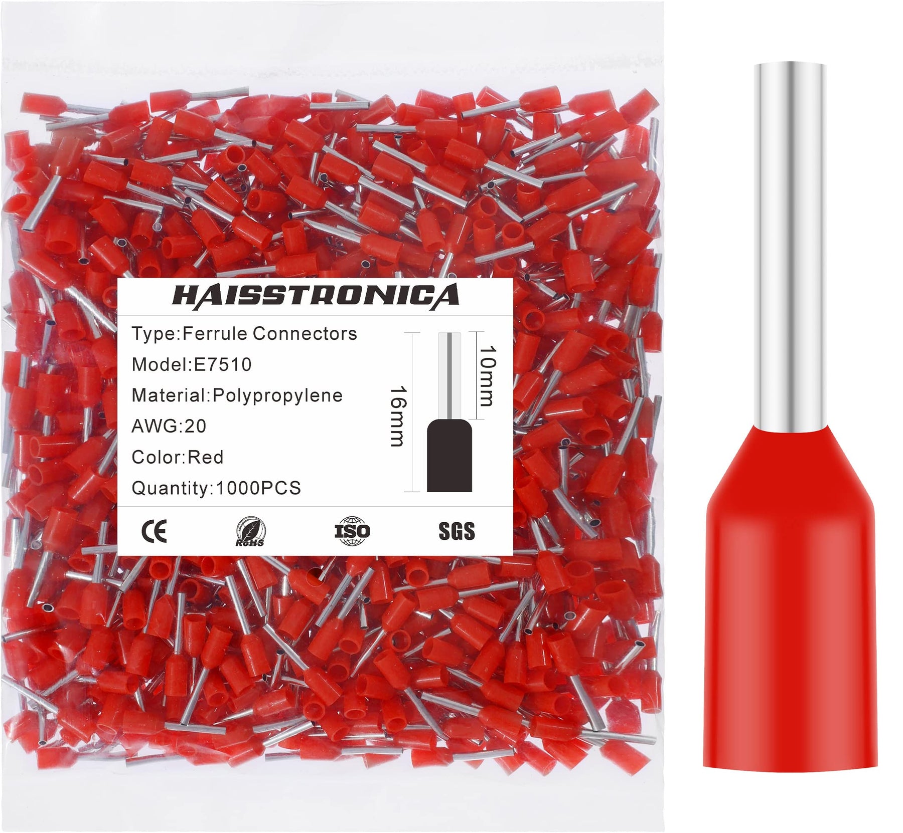 haisstronica 1000PCS Wire Ferrules Connectors,Red AWG20 Wire End Ferrule Terminals,Crimp Pin Cord End Terminals