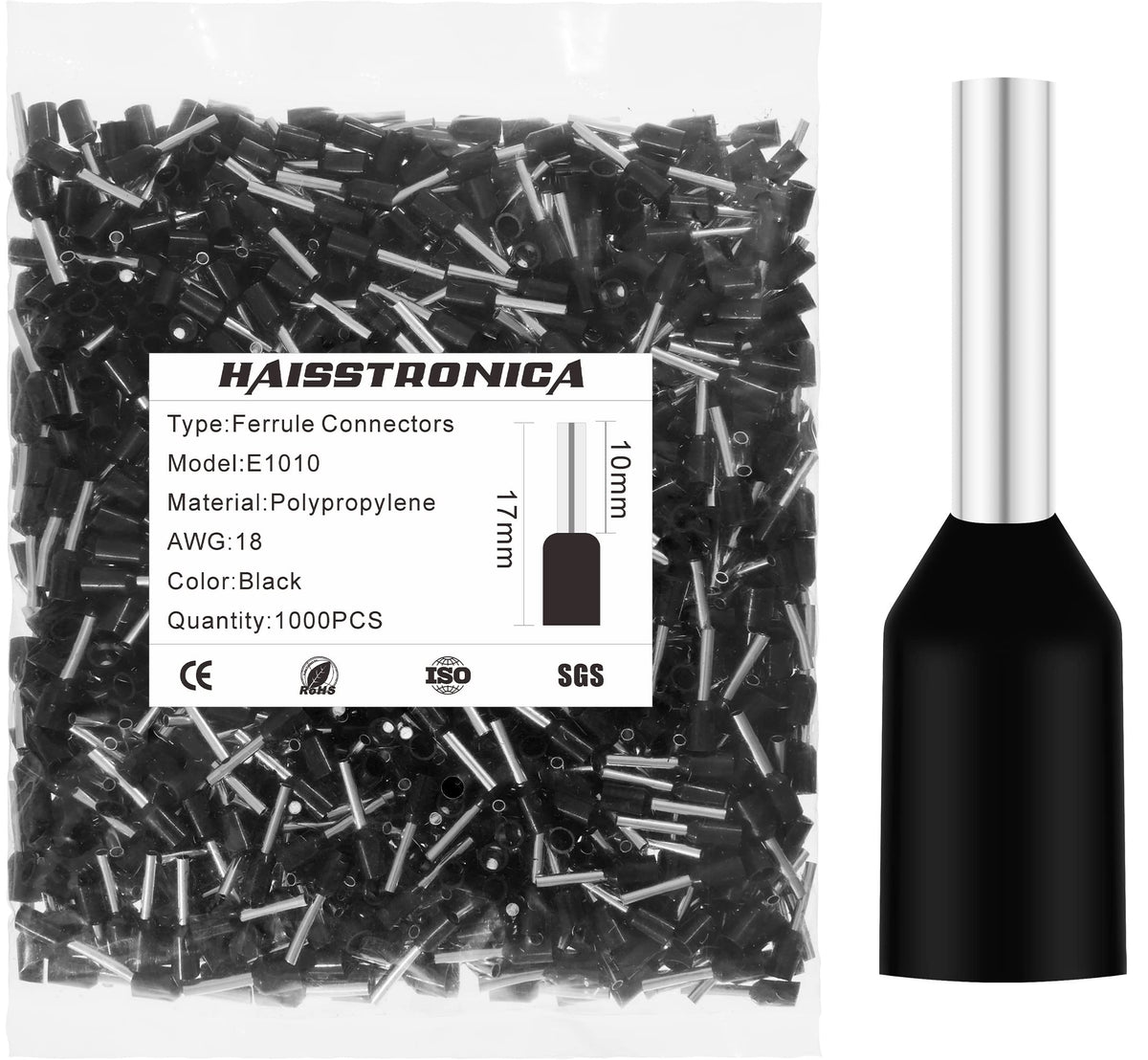 haisstronica 1000PCS Wire Ferrules Connectors,Black AWG18 Wire End Ferrule Terminals,Crimp Pin Cord End Terminals