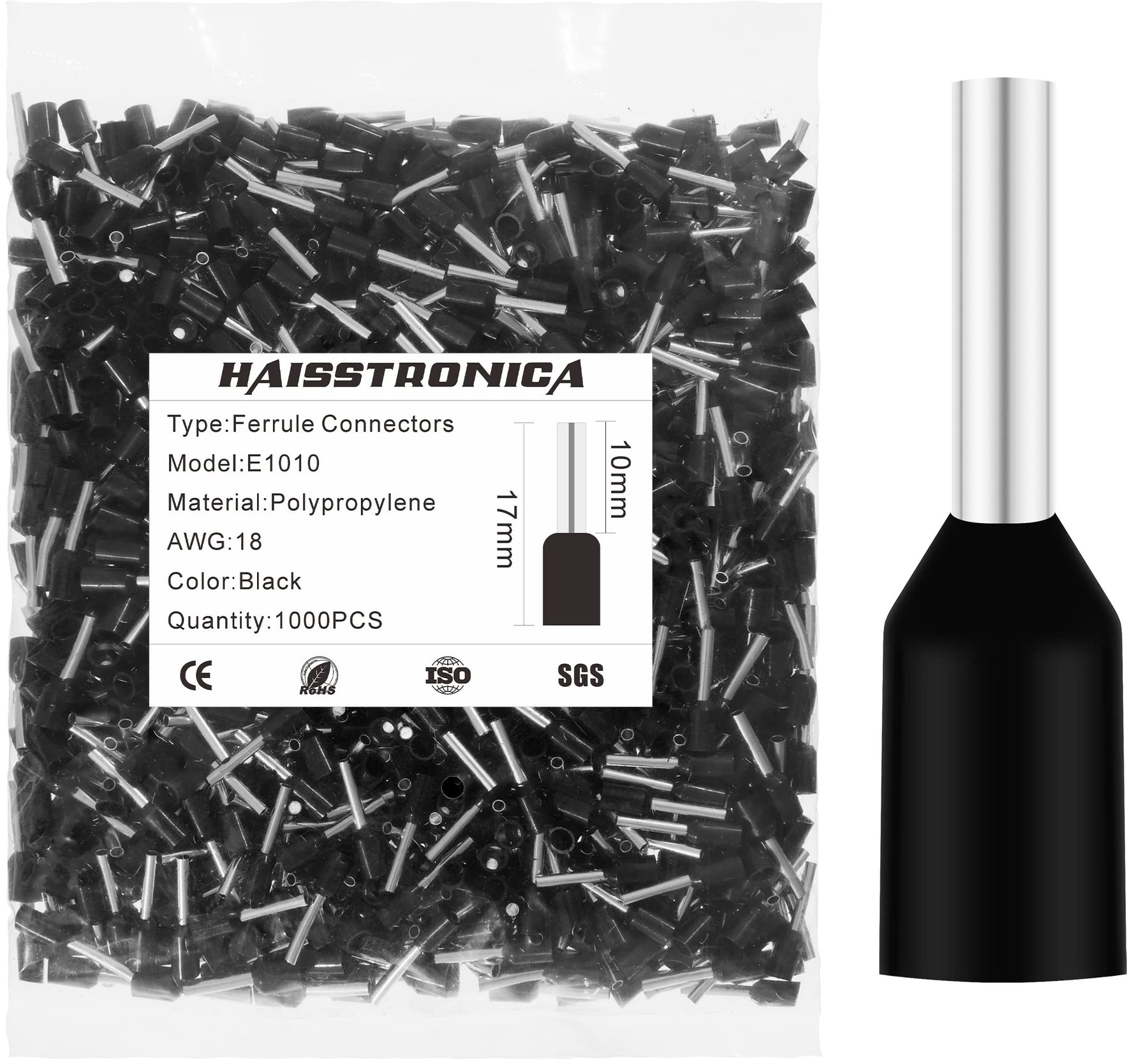 haisstronica 1000PCS Wire Ferrules Connectors,Black AWG18 Wire End Ferrule Terminals,Crimp Pin Cord End Terminals