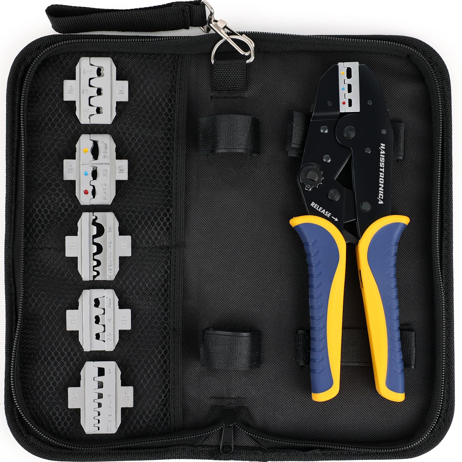 Kit de sertissage 6 en 1 Haisstronica, outil de sertissage à cliquet professionnel avec 6 matrices interchangeables pour connecteurs thermorétractables, non isolés, virole, corps ouvert, isolés, cadeaux pour hommes