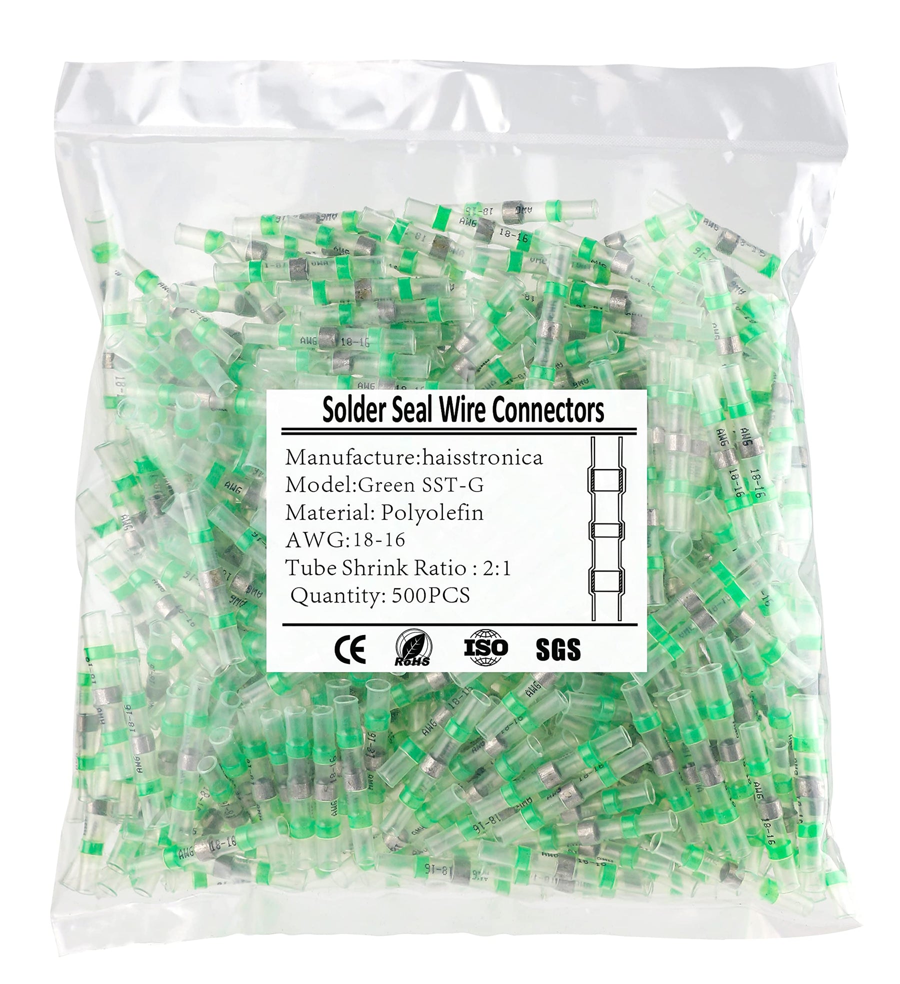 500PCS Green Solder Seal Wire Connectors AWG18-16,haisstronica Marine Grade Waterproof Solder Wire Connectors,Heat Shrink Butt Connectors,Insulated Butt Splice Electrical Connectors