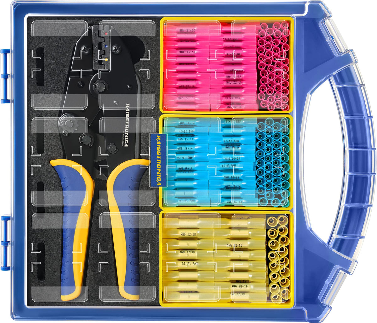 Haisstronica Lot de 330 connecteurs thermorétractables de qualité marine, calibre 22-10 AWG (3 couleurs/3 tailles), avec outils de sertissage thermorétractables de 23 cm et organiseur.