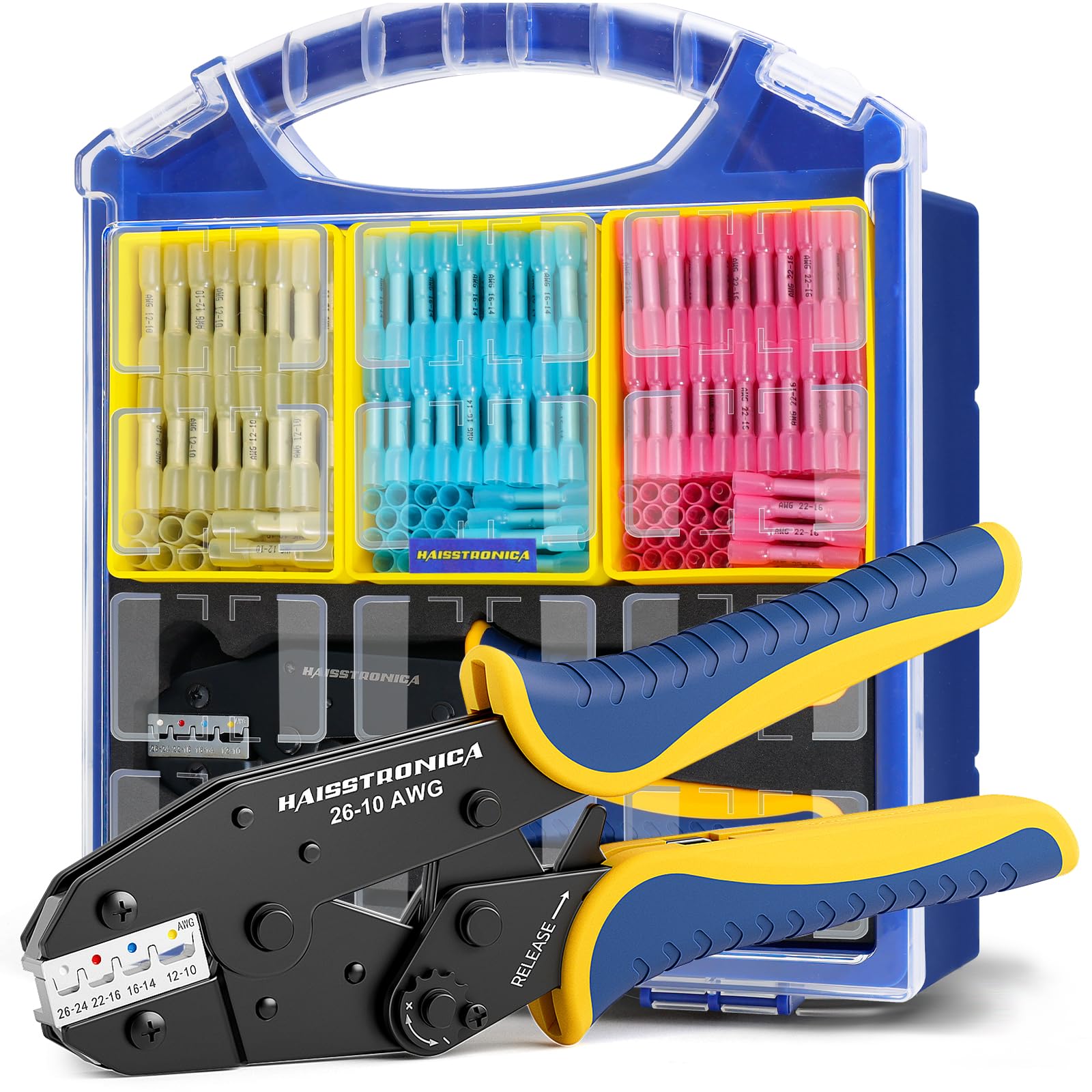 Haisstronica cable crimping kit, blue case with 3 color-coded compartments, pink/blue/yellow terminals, sizes 12-10 to 22-16M.