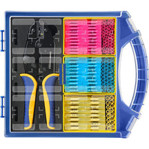 Haisstronica cable crimping kit, blue case with 3 color-coded compartments, pink/blue/yellow terminals, sizes 12-10 to 22-16M.