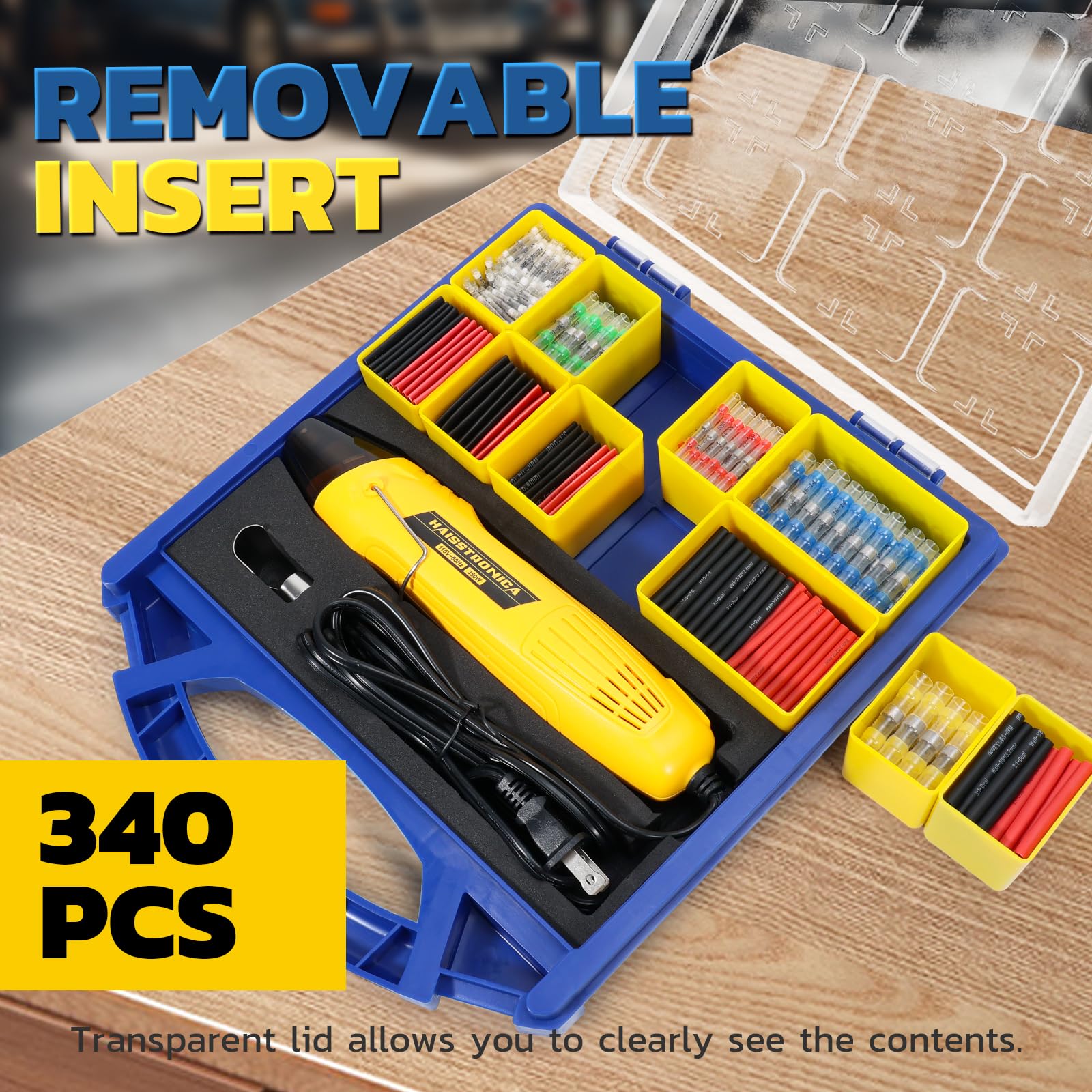 Heat gun with digital display keyword scene, mechanic uses yellow gun kit to shrink assorted solder seal connectors