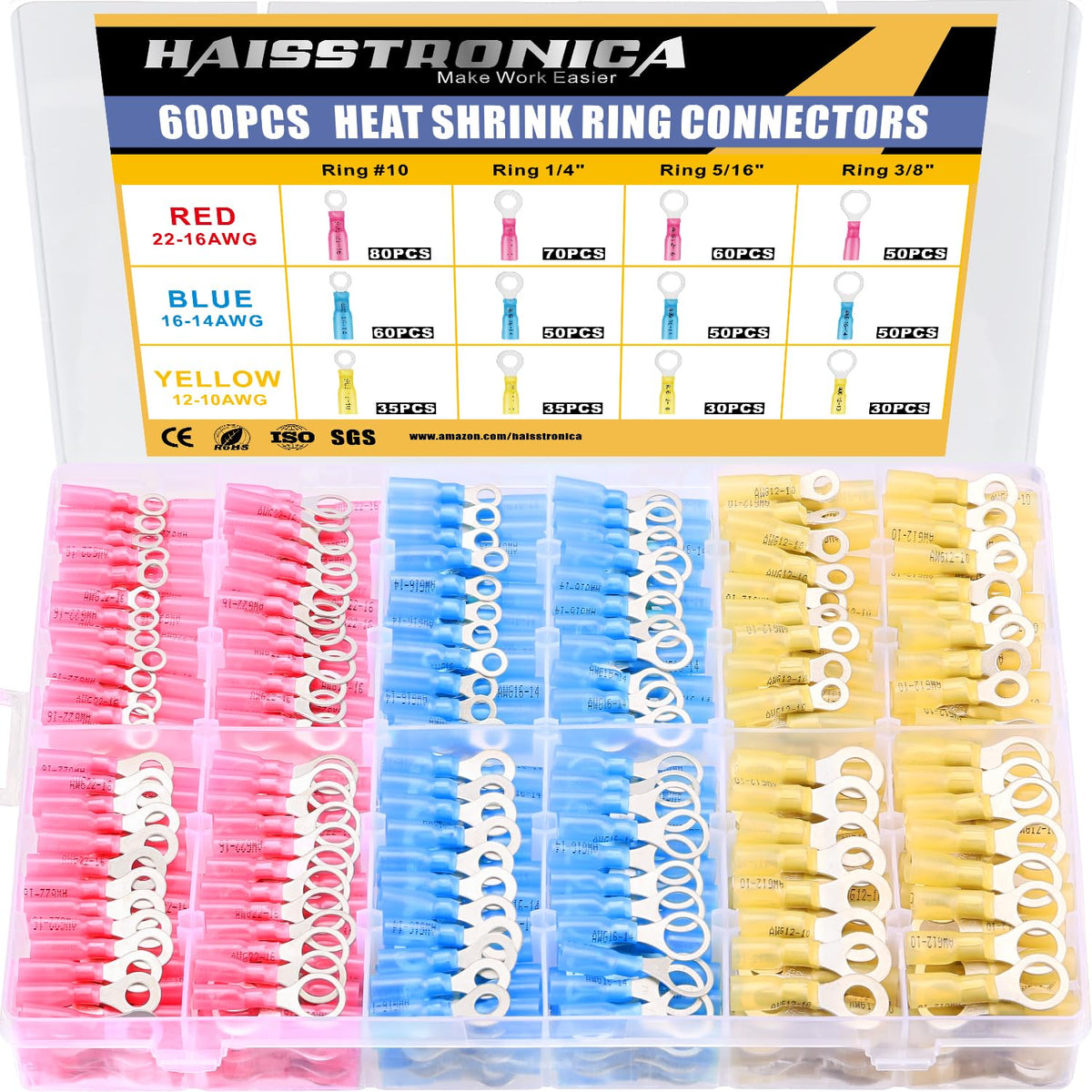 Haisstronica Lot de 600 cosses à anneau thermorétractables AWG 22-10, qualité marine, en cuivre rouge étamé n° 10, 1/4", 5/16", 3/8" (3 couleurs, 4 tailles)