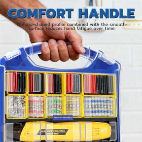 Heat gun wire connectors kit in blue case, organized solder sleeves and tubing ready for automotive wiring jobs