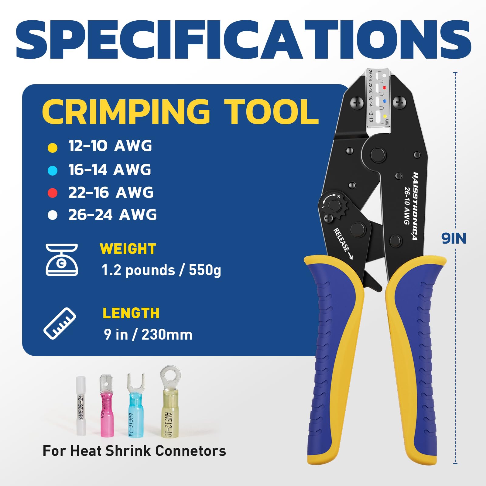 Haisstronica Wire Crimping Tool - Black with blue/yellow handles, AWG 22-10. Compact design