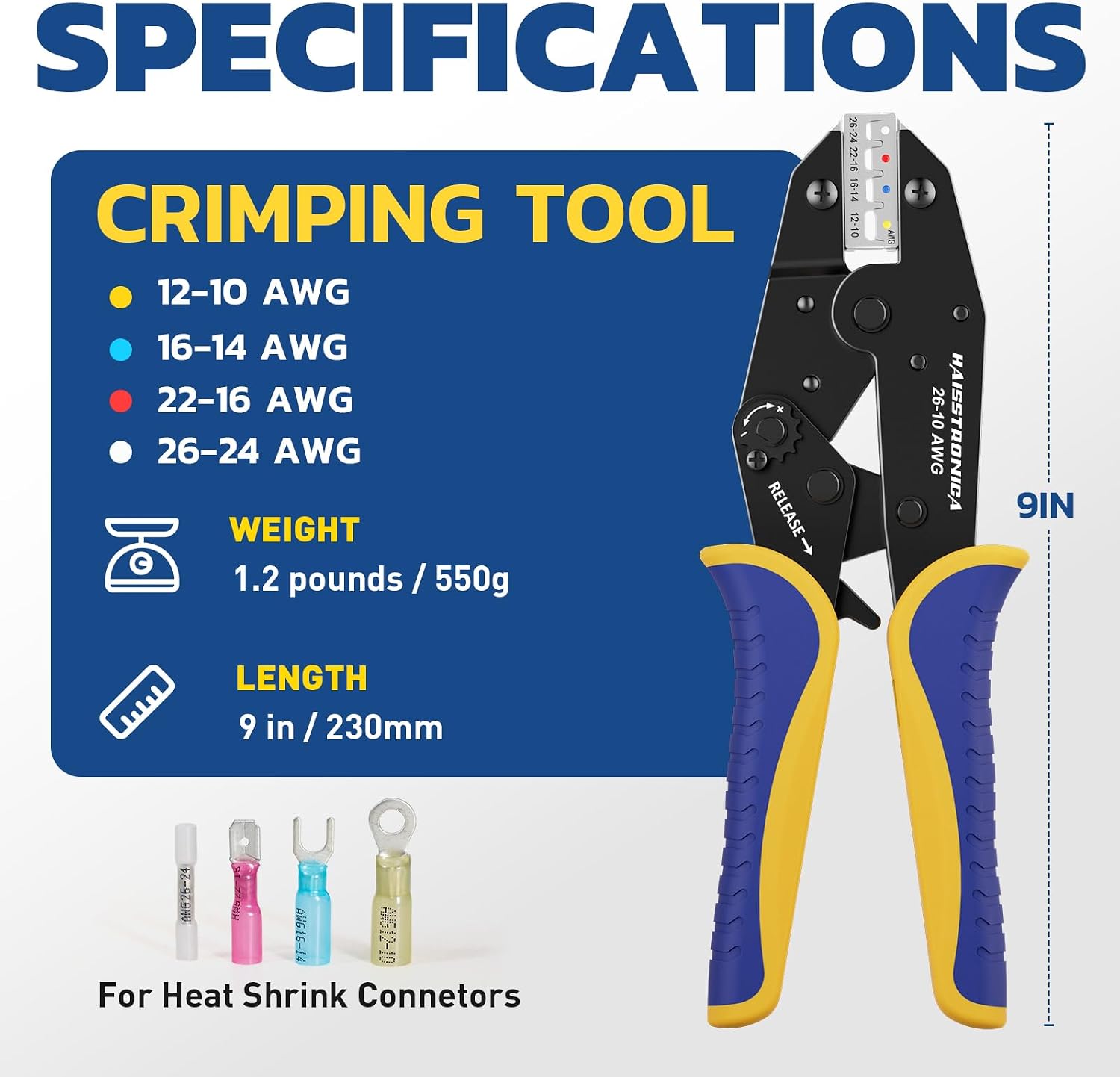 Haisstronica Crimping Tool specs: AWG 18-16,14-12-10,20". Features: adjustable wheel, quick-release. Blue/yellow design.