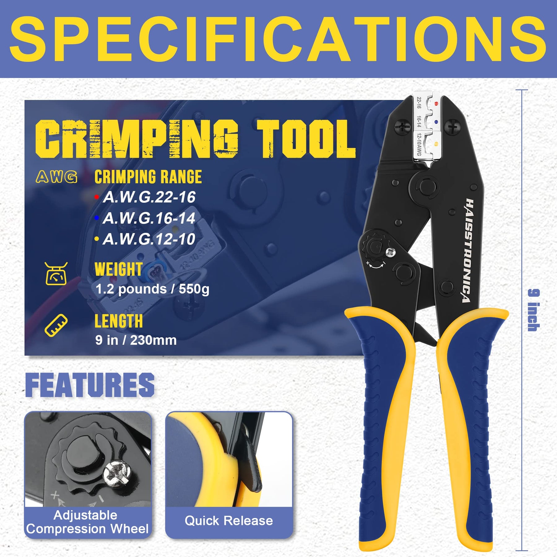 haisstronica Crimping Tool for Insulated Electrical Wire Connectors-AWG 22-10 Ratchet Crimper Tools-Racheting Wire Crimping Tools-Available for Insulated Connectors and Wire Terminal HS-9327