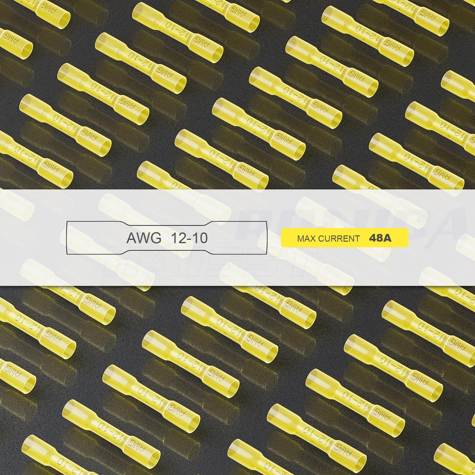 Lot de 250 connecteurs thermorétractables bout à bout jaunes AWG12-10, connecteurs de fils thermorétractables de qualité marine Haisstronica, cuivre rouge étamé 1 mm, connecteurs électriques isolés et étanches à sertir.