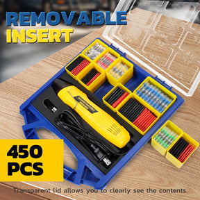 Heat gun solder connectors assortment box open on workbench, yellow gun beside color-coded sealed solder sleeves