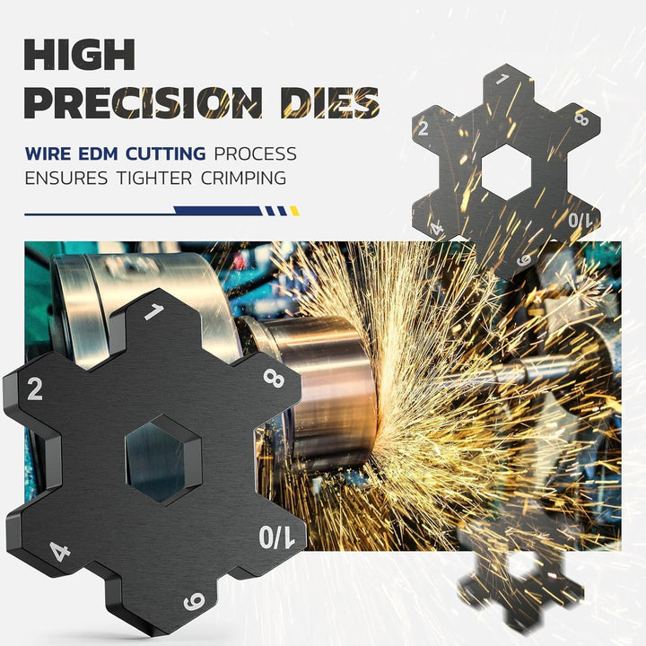 Rotating hex dies and marked size settings on the Haisstronica battery cable lug crimper