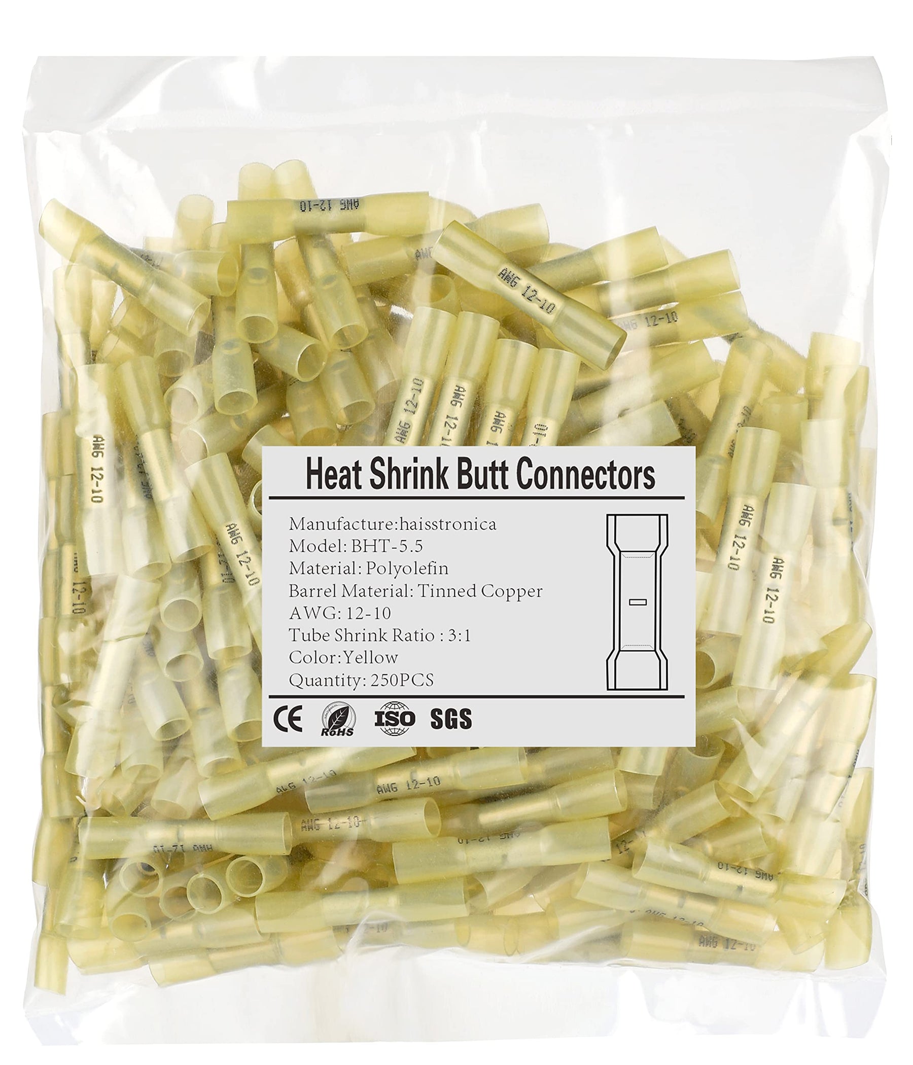 250PCS Yellow Heat Shrink Butt Connectors AWG12-10,haisstronica Marine Grade Heat Shrink Wire Connectors,Tinned Red Copper 1mm,Waterproof Insulated Crimp Butt Splice Electrical Connectors