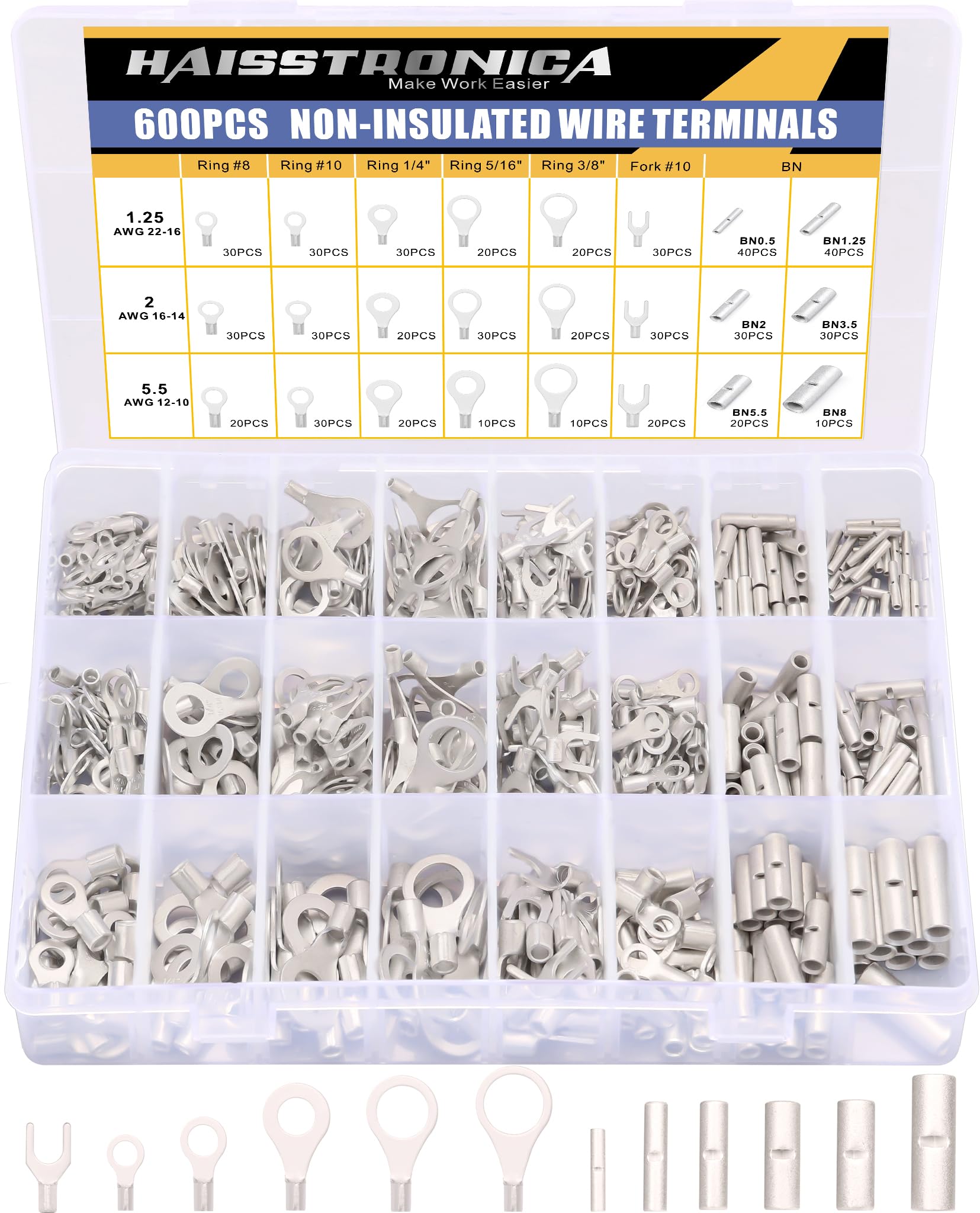 haisstronica 600PCS Non Insulated Ring Terminal Kit,AWG 22-10 Seamless Uninsulated Butt Splice Wire Terminals Assortment,Wire Crimp Connectors