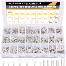 Haisstronica 600PCS non-insulated butt splice connectors kit: Fork#10, Ring#8/#10/1/4’’/5/16’’/3/8’’ terminals (AWG22-10).