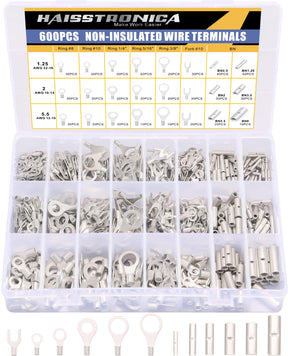 haisstronica 600PCS Non Insulated Ring Terminal Kit,AWG 22-10 Seamless Uninsulated Butt Splice Wire Terminals Assortment,Wire Crimp Connectors