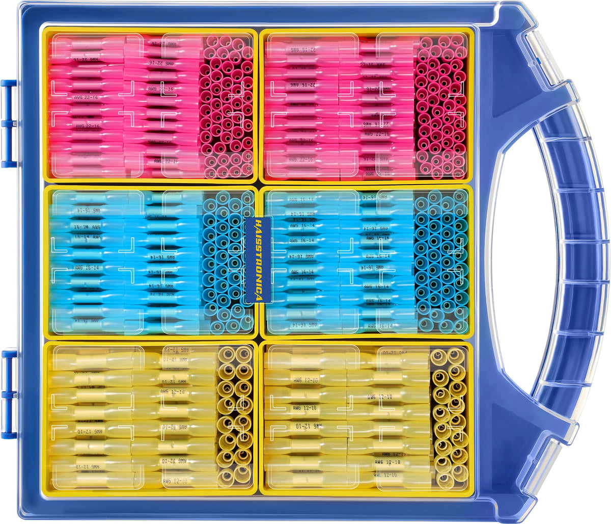 Haisstronica Kit de 660 connecteurs bout à bout thermorétractables de qualité marine, connecteurs de fils électriques étanches AWG 22-10, connecteurs bout à bout en cuivre rouge étamé, avec bacs de rangement amovibles (3 couleurs/3 tailles)