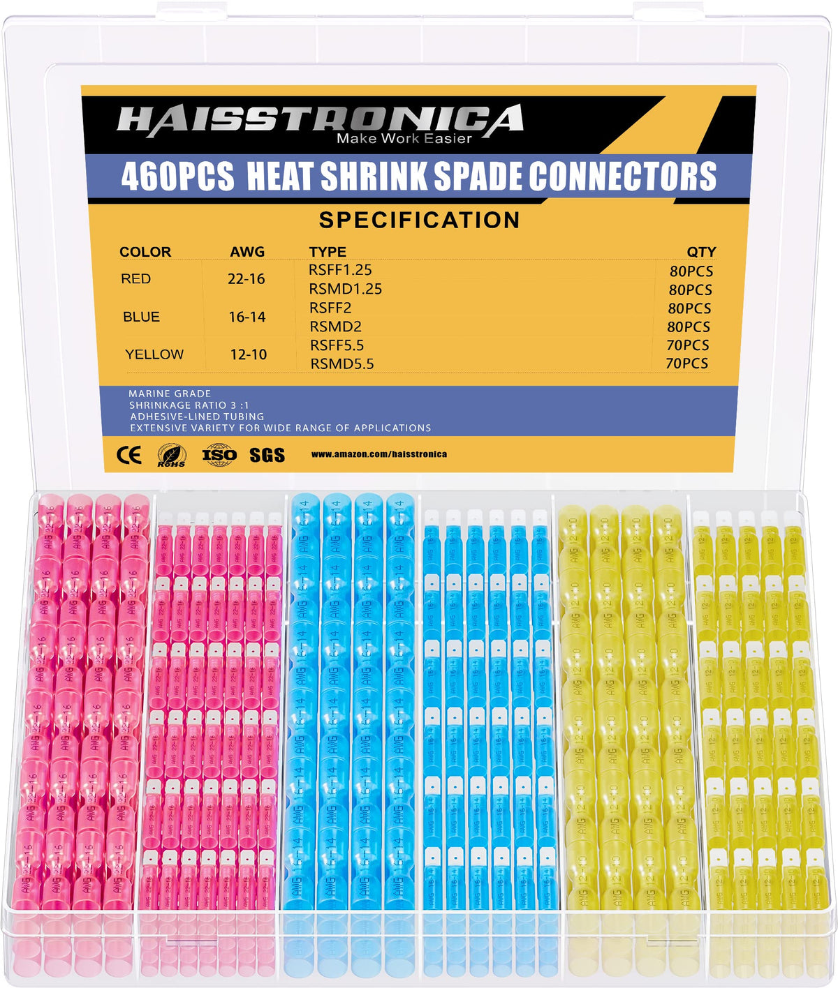 Haisstronica Lot de 460 connecteurs à fourche thermorétractables, AWG 22-10, connecteurs de fils femelles et mâles, cosses à fourche à déconnexion rapide