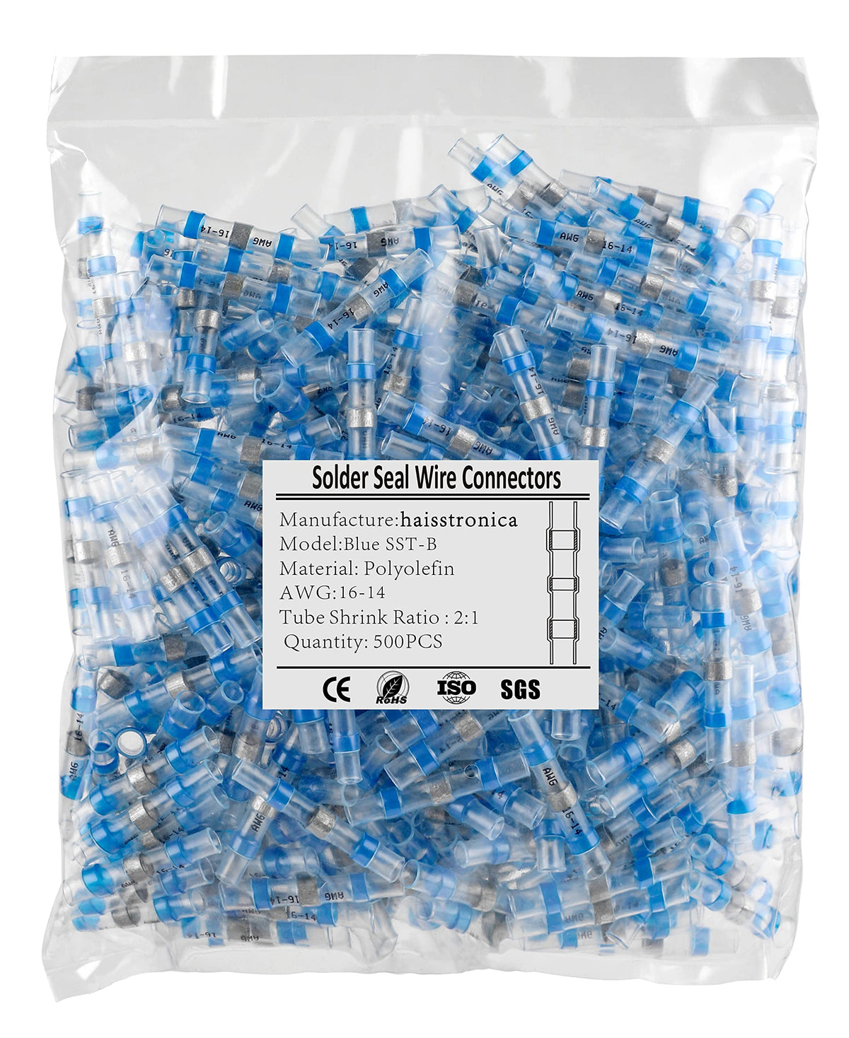 500PCS Blue Solder Seal Wire Connectors AWG16-14,haisstronica Marine Grade Waterproof Solder Wire Connectors,Heat Shrink Butt Connectors,Insulated Butt Splice Electrical Connectors