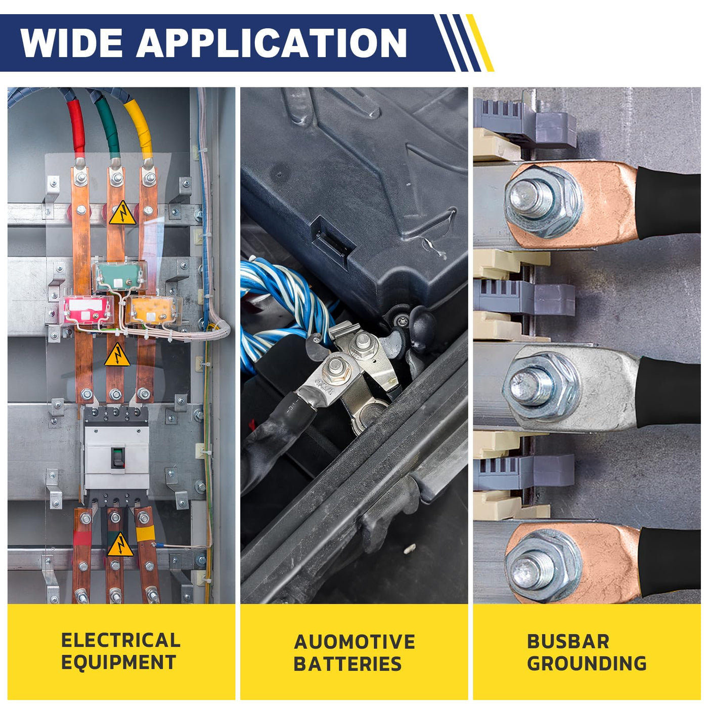 Examples of copper wire lug usage on electrical panels, automotive batteries, and busbar grounding, highlighting bolted connections.