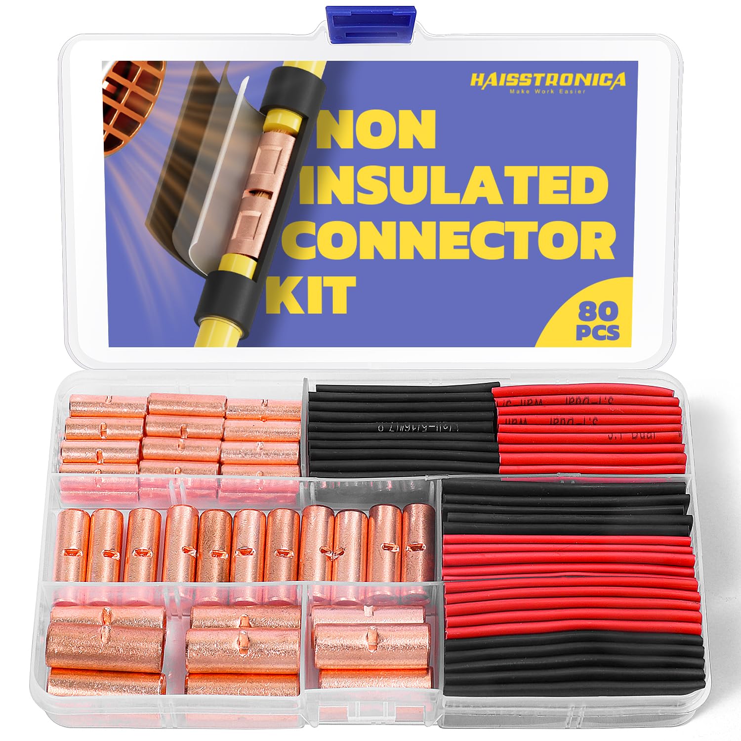 Non Insulated Bare Copper Butt Connectors with 3:1 Heat Shrink Tubing Kit - Boxed