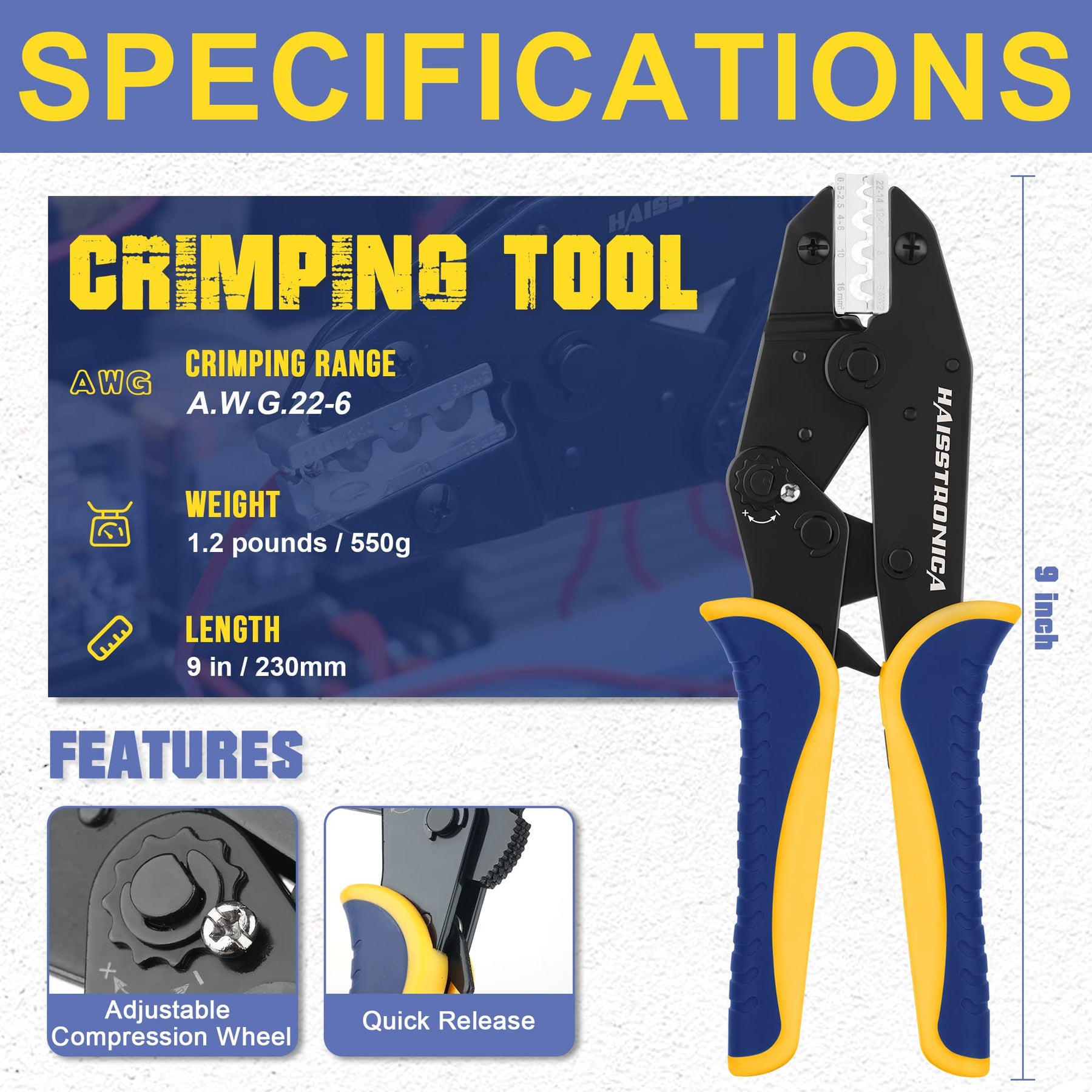 haisstronica Crimping Tool for Non-Insulated Terminal,AWG 22-6 Ratchet Wire Crimper Tool,Wire Terminal Crimper HS-7327