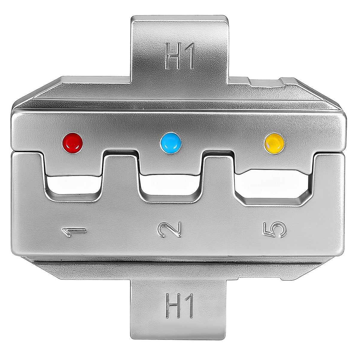 wire crimps H1 die insert for insulated terminals, with red/blue/yellow marks and three pockets for repeatable crimps.