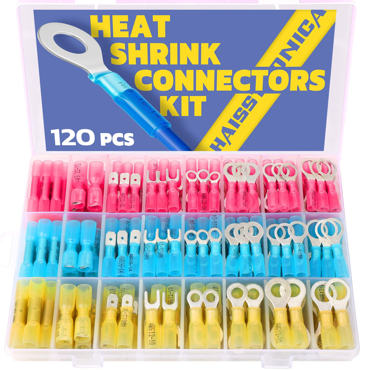 haisstronica 120PCS Heat Shrink Wire Connectors-Marine Grade Heat Shrink Butt Connectors-Electrical Connectors Kit of Tinned Red Copper,AWG 22-10 Crimp Insulated Ring Fork Butt Splice(3Colors/24Sizes)