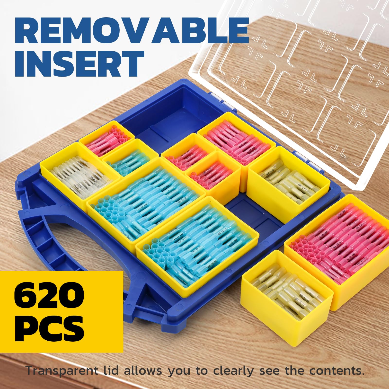Removable trays with marine grade wire connectors crimp assortment, ideal for organized storage and mobile service.