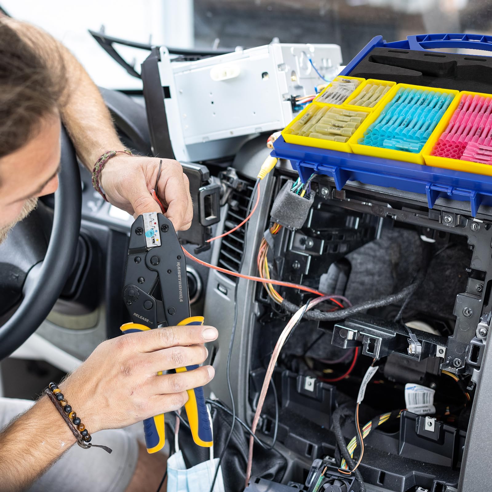 ワイヤーコネクタセット AWG 22-10 330/380個 9インチ圧着工具とオーガナイザー付き