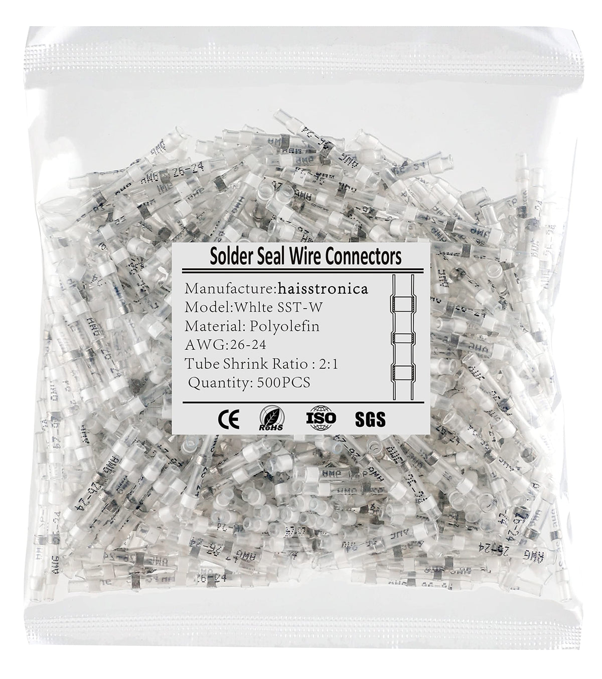 500PCS White Solder Seal Wire Connectors AWG26-24,haisstronica Marine Grade Waterproof Solder Wire Connectors,Heat Shrink Butt Connectors,Insulated Butt Splice Electrical Connectors