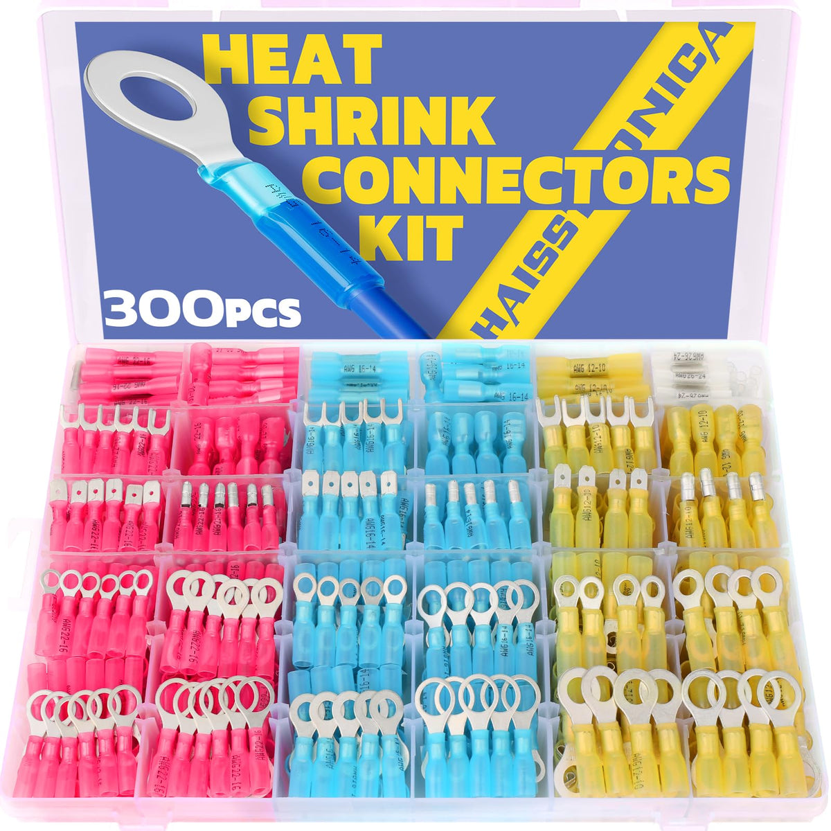 Haisstronica Lot de 300 connecteurs thermorétractables de qualité marine en cuivre rouge étamé, calibre AWG 26-10, cosses à sertir isolées (4 couleurs, 31 tailles)