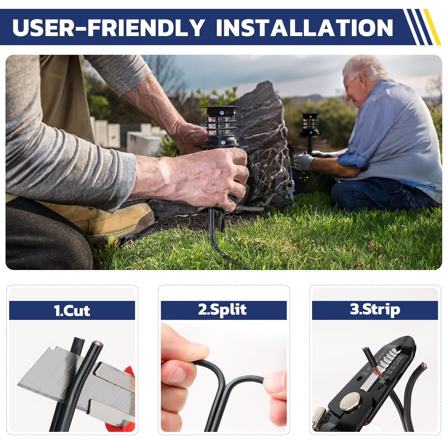 Step-by-step panels show cut, split, and strip; landscapers routing landscape wires for quick, reliable garden hookups.