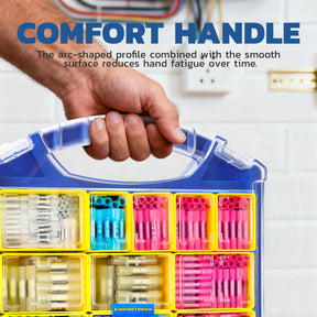 Compact carry case packed with mixed color buttsplices assortment, ideal for electricians needing organized field gear.