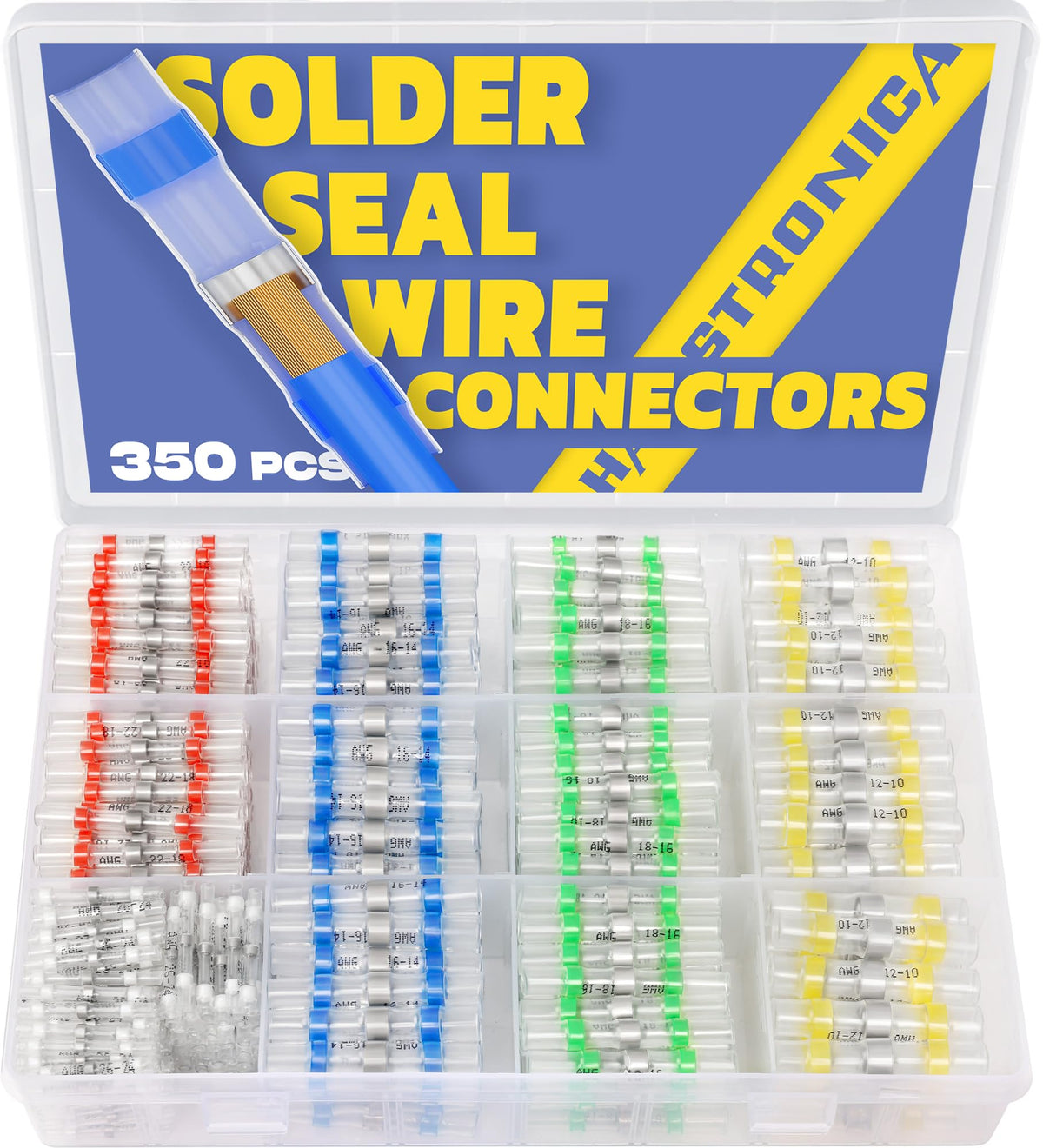 haisstronica 350PCS Solder Seal Wire Connectors,26-10 Gauge Marine Grade Heat Shrink Wire Connectors,Waterproof Butt Connectors,Butt Splice Eletrical Wire Connectors Kit(5Colors/5Sizes)