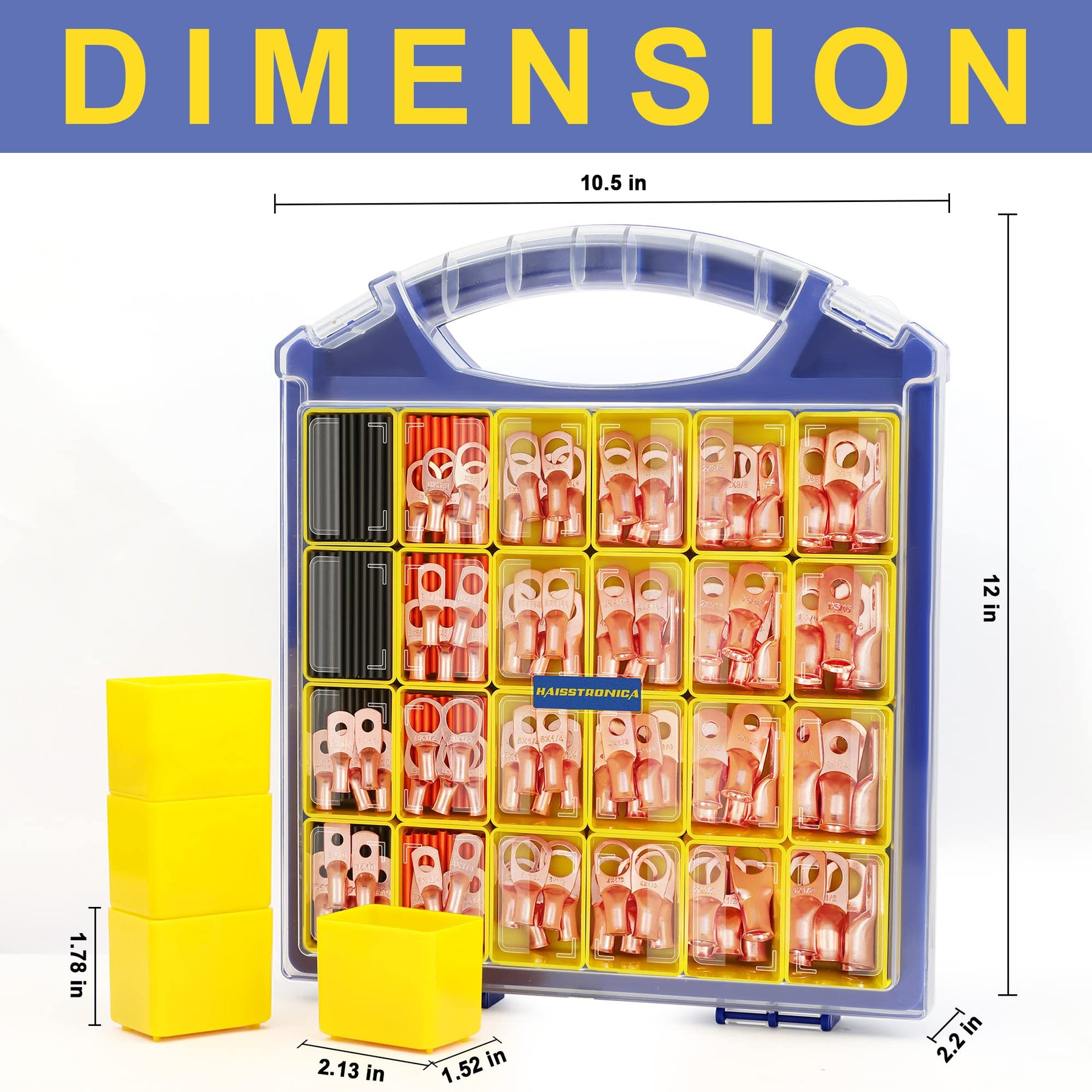 Kit d'embouts de câbles de batterie Haisstronica (220 pièces), 110 cosses à anneau en cuivre robuste (AWG 8, 6, 4, 2, 1), connecteurs à œillets pour câbles de batterie avec 110 gaines thermorétractables 3:1.