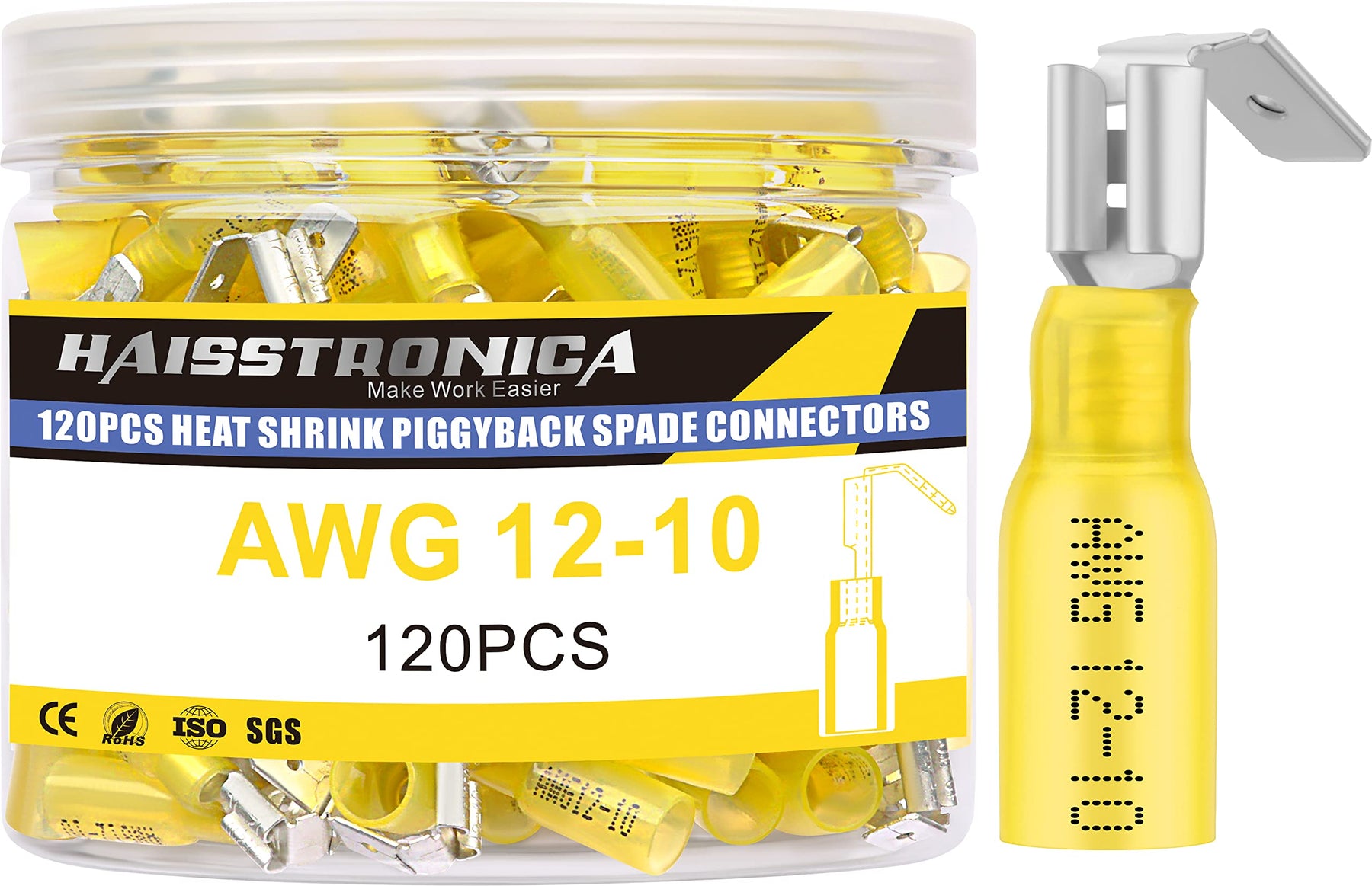 haisstronica 120PCS Yellow Heat Shrink Piggyback Spade Connectors, 12-10 AWG Piggyback Wire Connectors, Quick Disconnect Piggyback Terminals