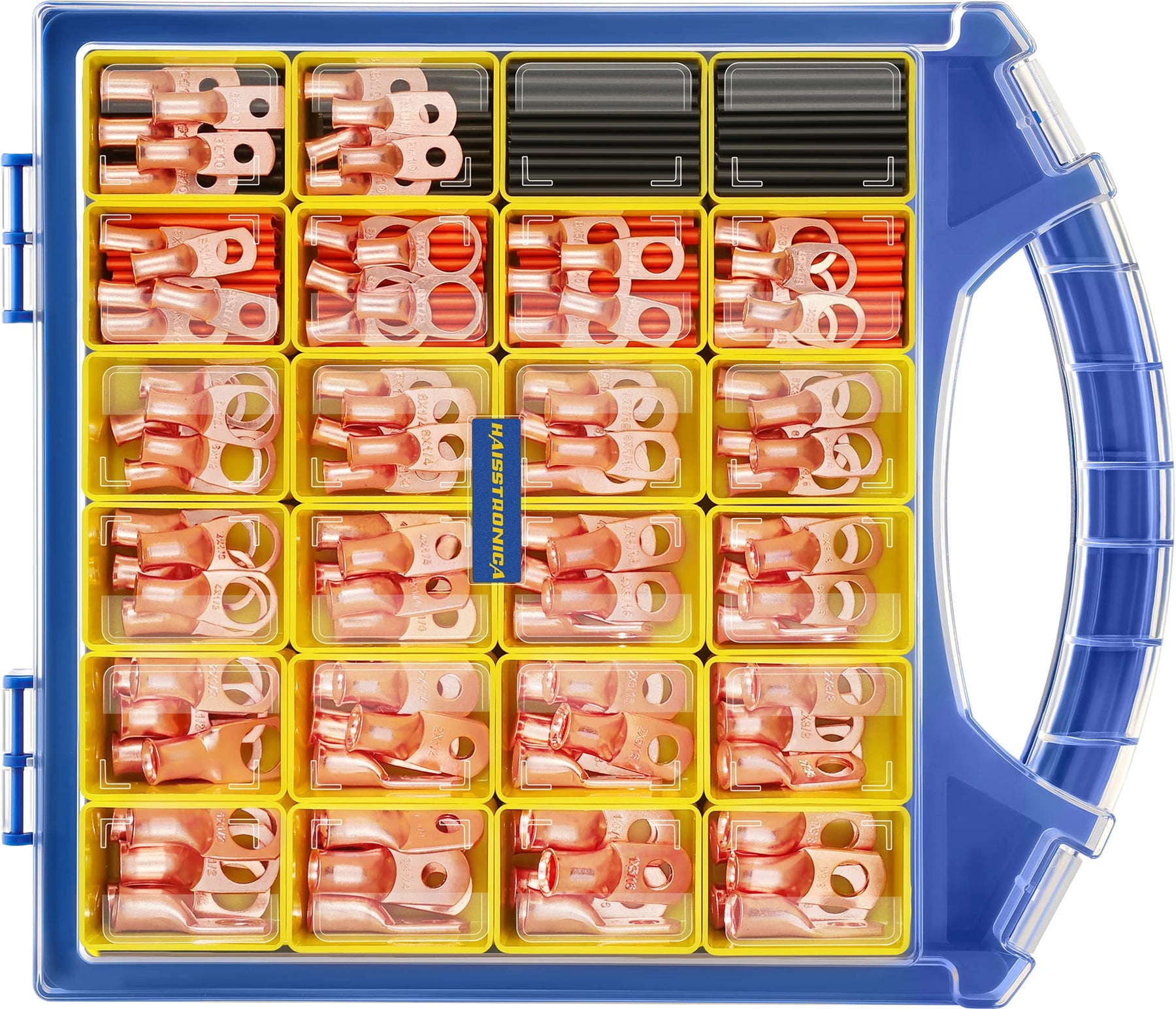 Kit d'embouts de câbles de batterie Haisstronica (220 pièces), 110 cosses à anneau en cuivre robuste (AWG 8, 6, 4, 2, 1), connecteurs à œillets pour câbles de batterie avec 110 gaines thermorétractables 3:1.