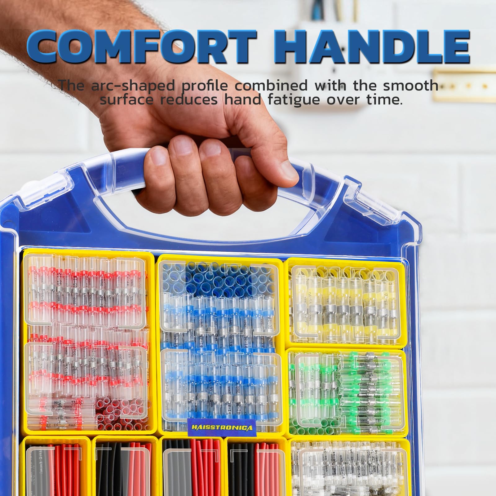 Quantity chart for shrink solder connectors in five colors with AWG ranges, cable sizes and product dimensions listed