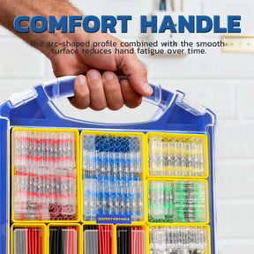 Quantity chart for shrink solder connectors in five colors with AWG ranges, cable sizes and product dimensions listed