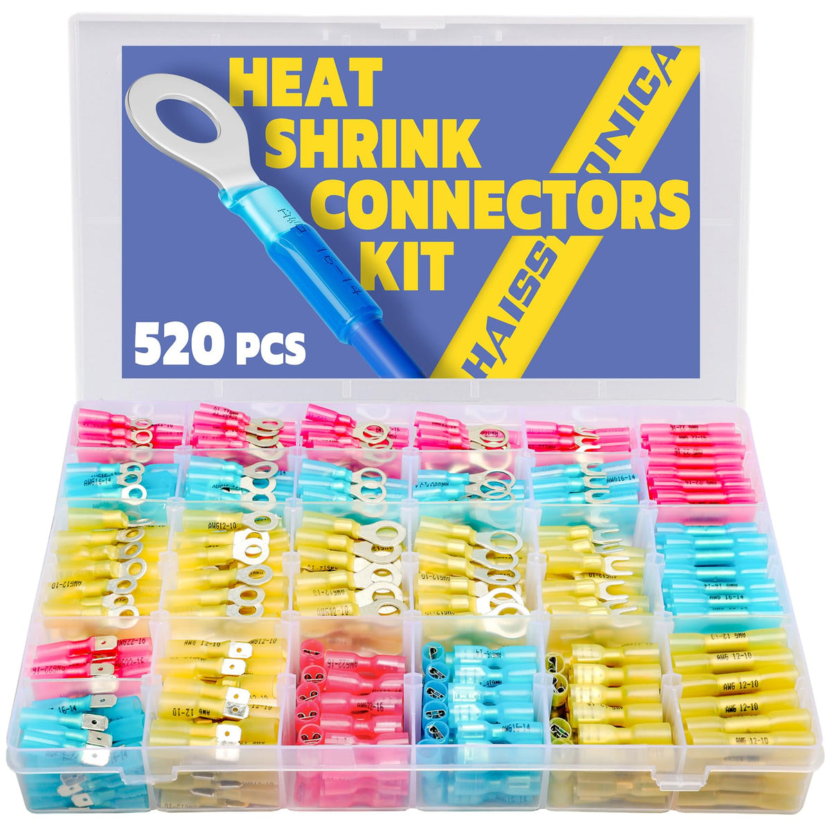 haisstronica 520PCS Marine Grade Heat Shrink Wire Connectors-Electrical Connectors Kit of Tinned Red Copper,16-14 22-16 12-10 Gauge Crimp Insulated Ring Fork Spade Butt Splices(3Colors/24Size)