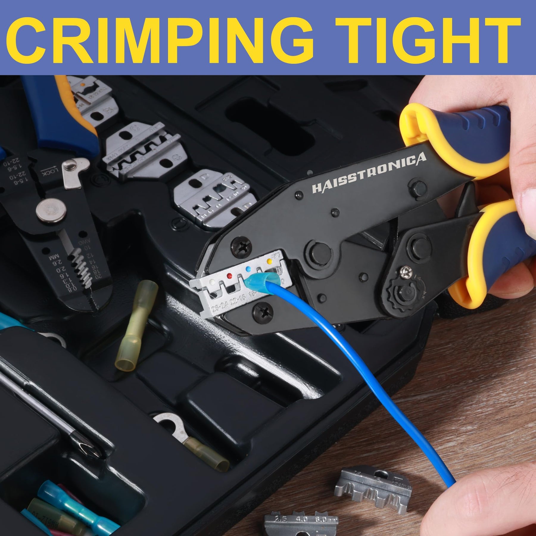 Haisstronica crimping tool die set with grooved die holders for stable crimps on solar connectors and insulated terminals.
