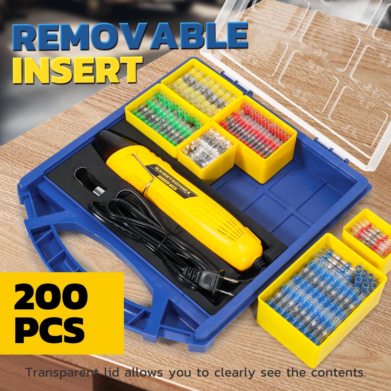 Wire connector heat gun kit case with lid, removable trays of solder sleeves and tubing arranged around compact tool