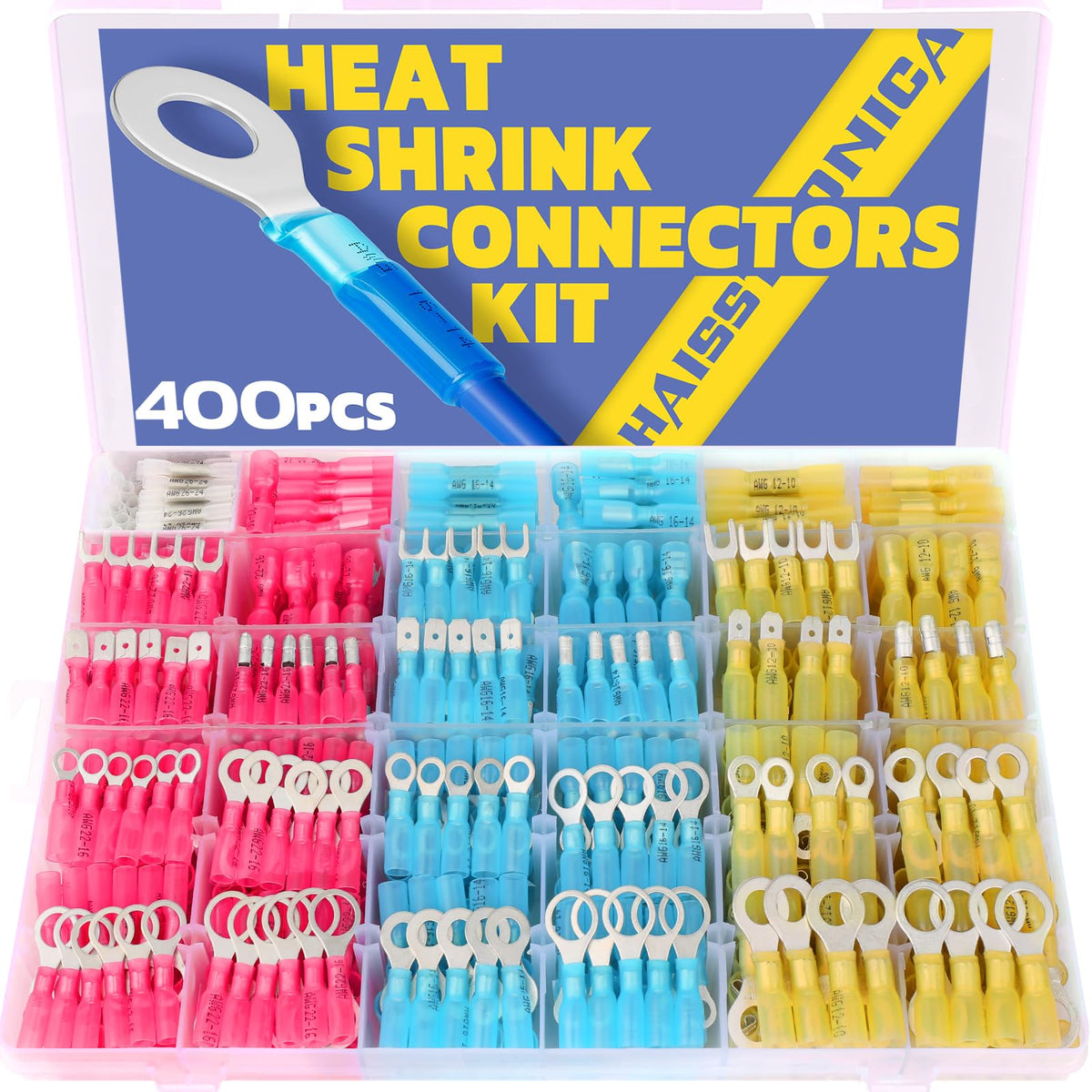 Haisstronica Lot de 400 connecteurs thermorétractables de qualité marine en cuivre rouge étamé, calibre AWG 26-10, cosses à sertir isolées (4 couleurs, 31 tailles)